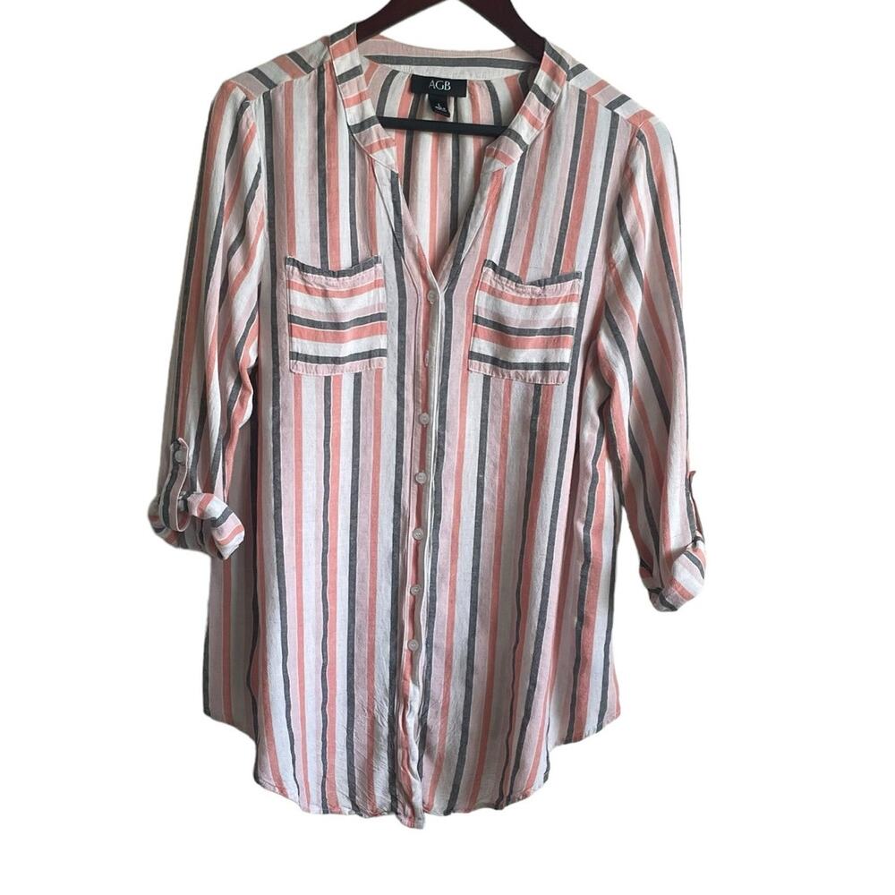AGB Women Tunic Top L Multicolor Striped‎ Roll Tab Long Sleeve Beachy Coastal